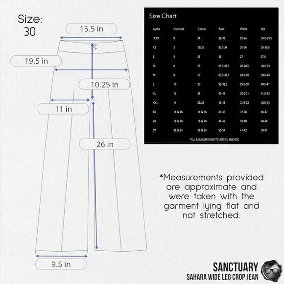 SANCTUARY SAHARA NON-CONFORMIST WIDE LEG CROP JEAN IN BLUE HORIZON WOMEN SIZE 30 - Picture 14 of 16